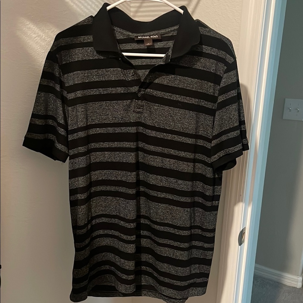Michael Kors Black and Gray Striped Polo Shirt